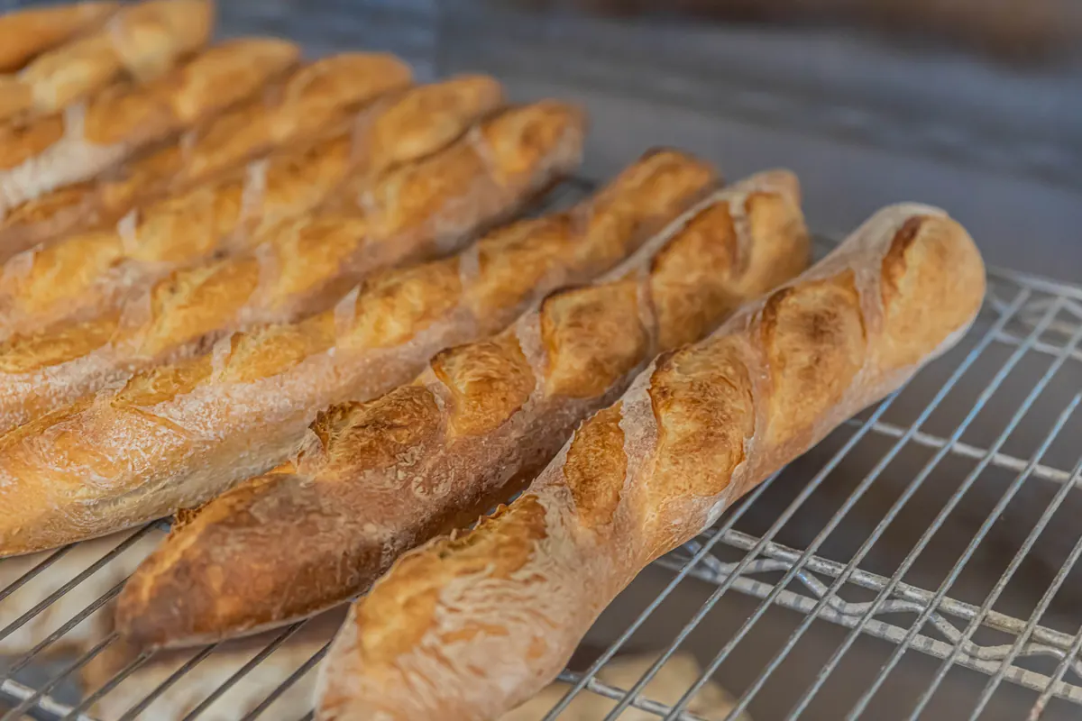 Golden French baguettes on a cooling rack